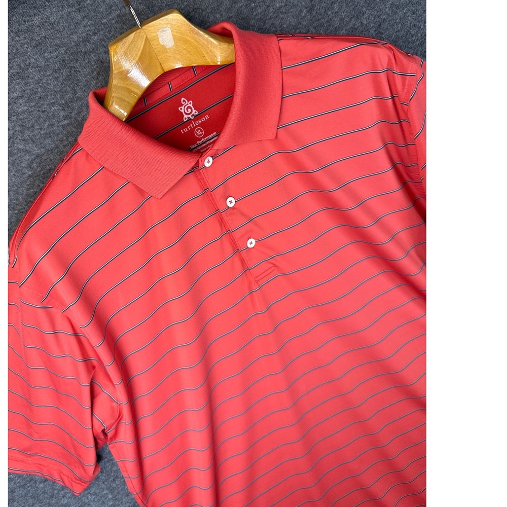Turtleson Mens XL Tour Performance‎ Polo Shirt Coral Orange Striped Short Sleeve